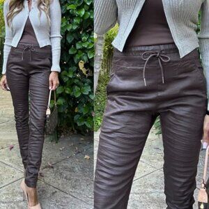 BEVY FLOG SHELY PANTS stretch brown check/plaid elastic waist slim fit sz 25